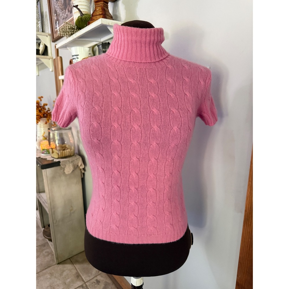 Ralph Lauren Turtleneck M Pink Cashmere Cable Knit Short Sleeve quiet luxury